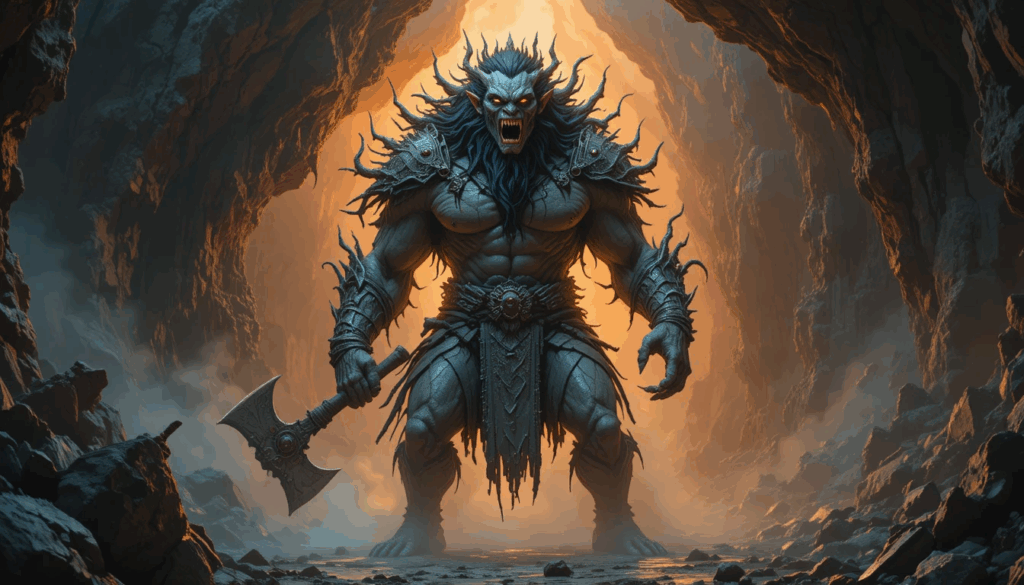 Hun Shi Mo Wang, the Chaos Demon King, standing in a fiery mountain cavern with glowing orange light, holding a massive iron axe and wearing jagged bone-and-iron armor.