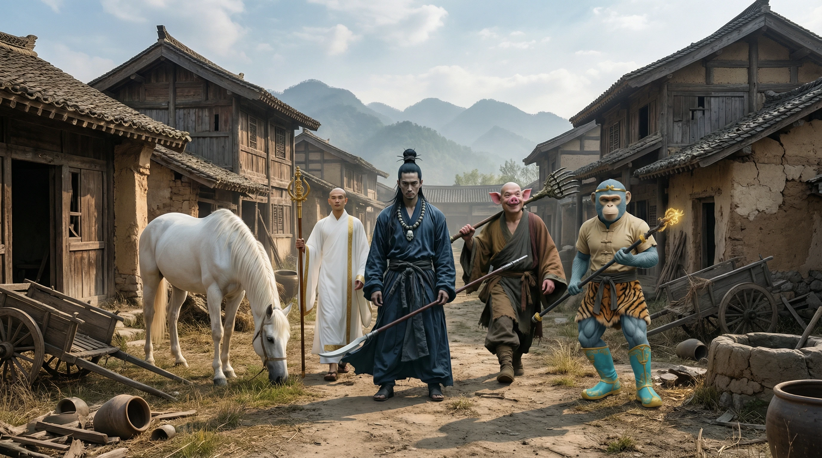 Tang Monk San Zang travels with Sun Wukong, Zhu Bajie, Sha Wujing, and the White Dragon Horse through a Chinese village.