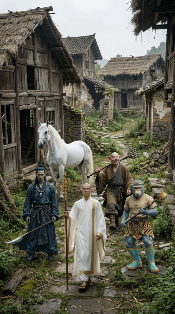 Tang San Zang leads Sun Wu Kong, Zhu Ba Jie, Sha Wu Jing, and Ao Lie through an abandoned village, with traditional clothing and a realistic mythological design.