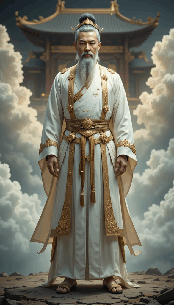 The Jade Emperor standing in ornate white and gold celestial robes before a heavenly palace surrounded by clouds.