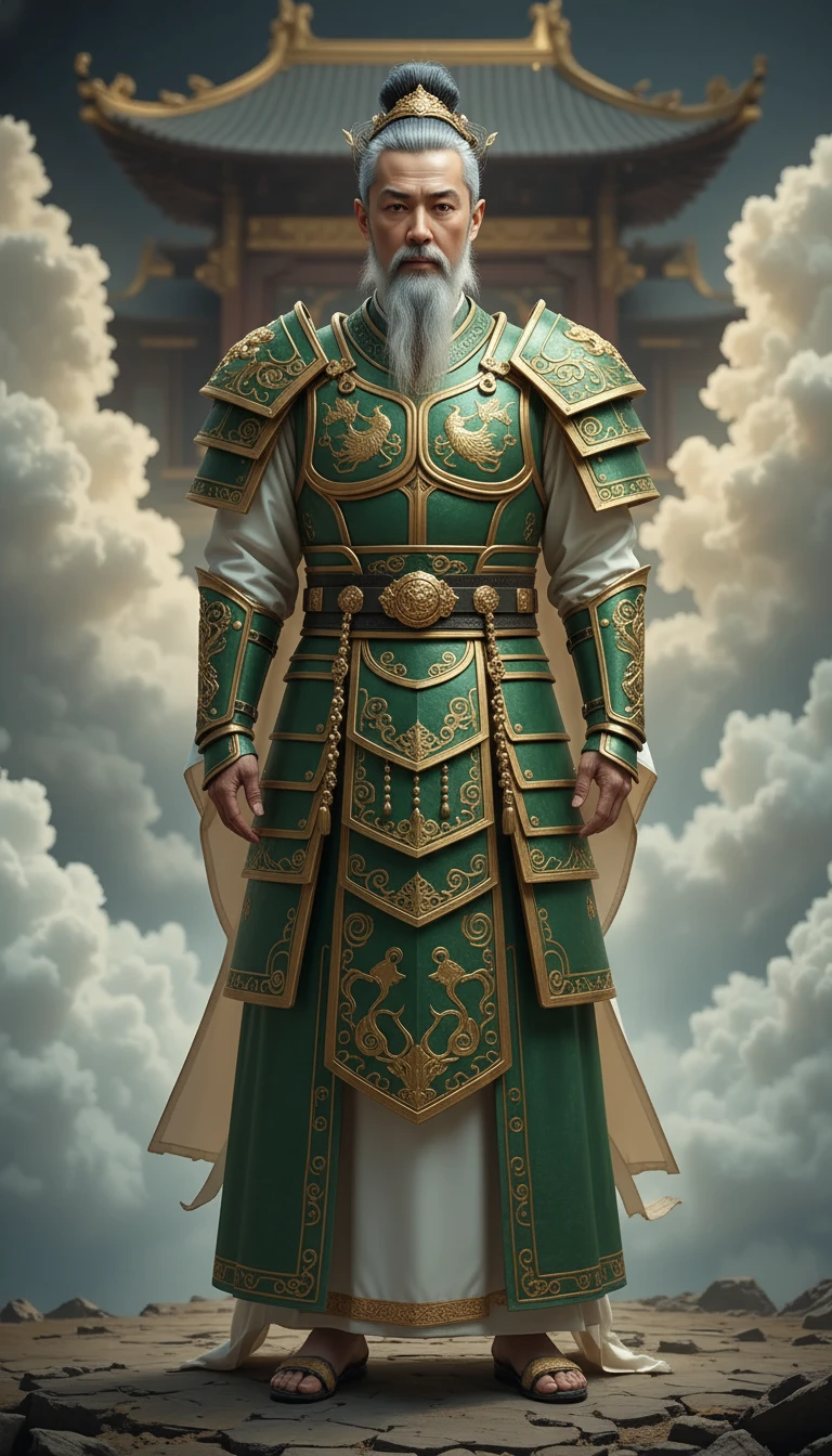 The Jade Emperor standing in ornate white and gold celestial robes before a heavenly palace surrounded by clouds.