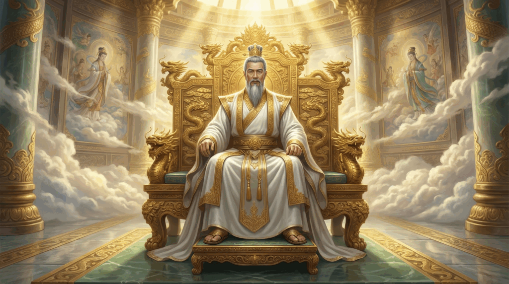 The Jade Emperor seated on a radiant golden dragon throne, wearing white and gold celestial robes inside a heavenly palace filled with glowing clouds and divine murals.