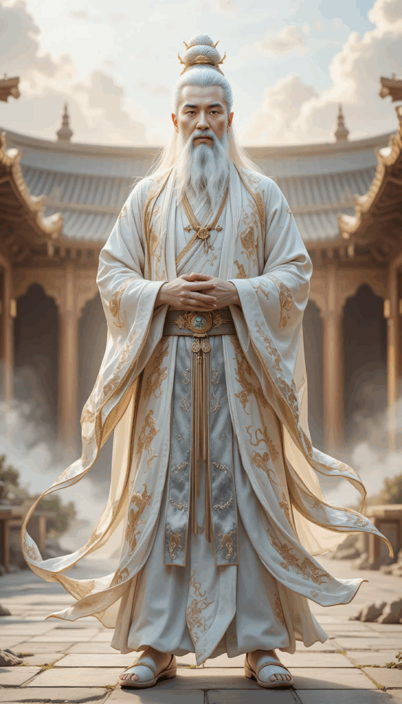 Full-body portrait of Tai Bai Jin Xing (太白金星), the Great White Venus Star Immortal, depicted as an elderly celestial minister in flowing white-and-gold robes, standing before a heavenly pavilion with clouds and divine light.