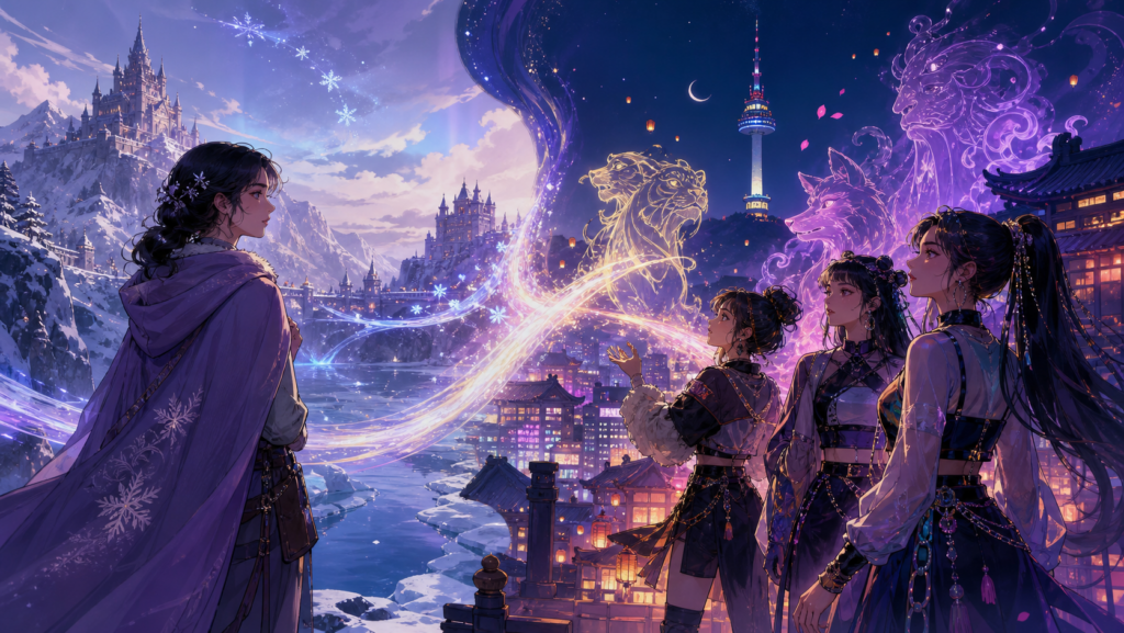 Original CVM Sekai artwork connecting a Western winter fantasy kingdom with a Korean supernatural pop adventure through equal emotional stakes.