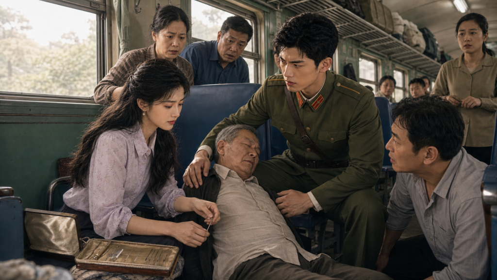 Shen Nian and Lu Cheng help an elderly passenger suffering a heart attack on a train