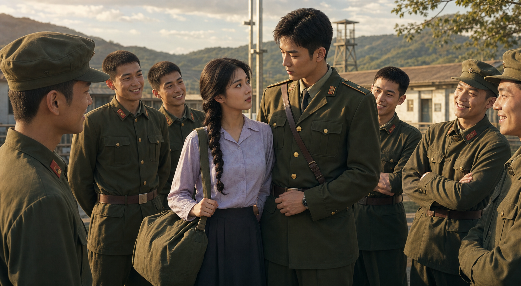 Lu Cheng stands protectively beside Shen Nian while his soldiers welcome her at the military base