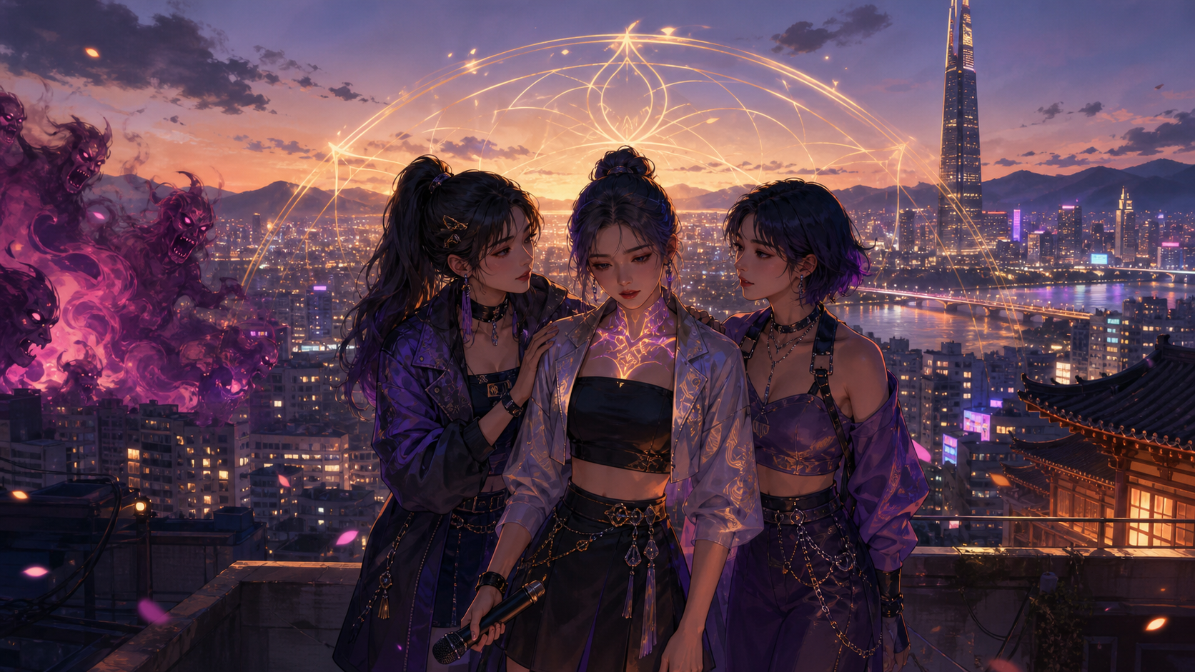 Original CVM Sekai artwork of HUNTR/X protecting Seoul in KPop Demon Hunters