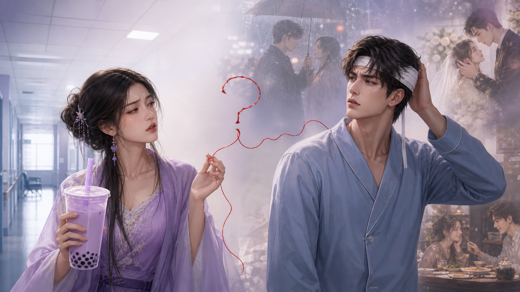 A woman holding purple boba confronts a man with amnesia while their broken red thread of fate hangs between them.