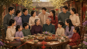Illustrated multigenerational Chinese family showing kinship branches, generations, and birth order
