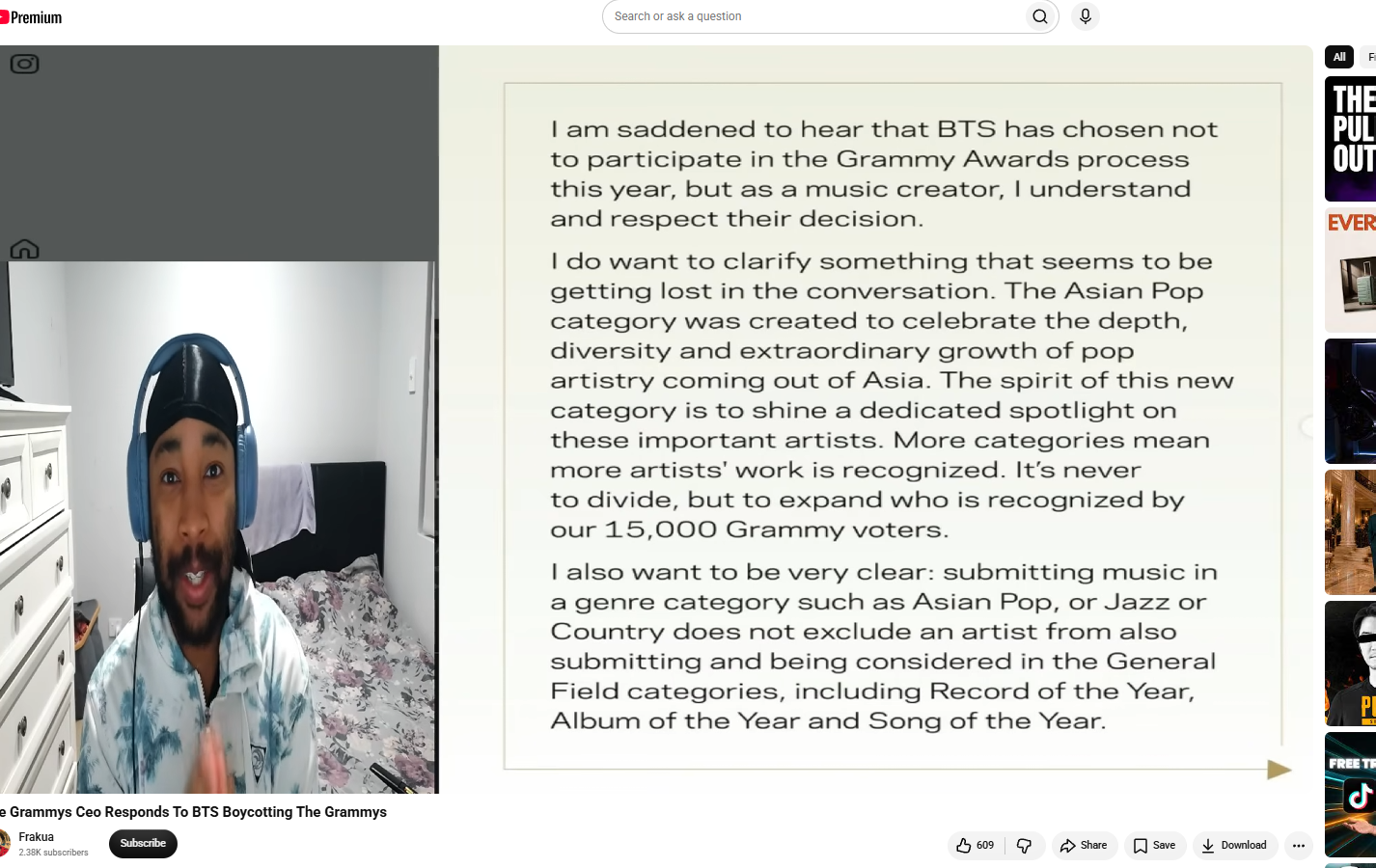Harvey Mason Jr press statement responding to BTS declining Grammy submission