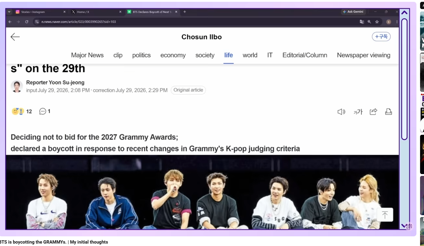 Chosun Ilbo report on Naver News describing BTS refusing to submit music for the 2027 Grammys as a boycott
