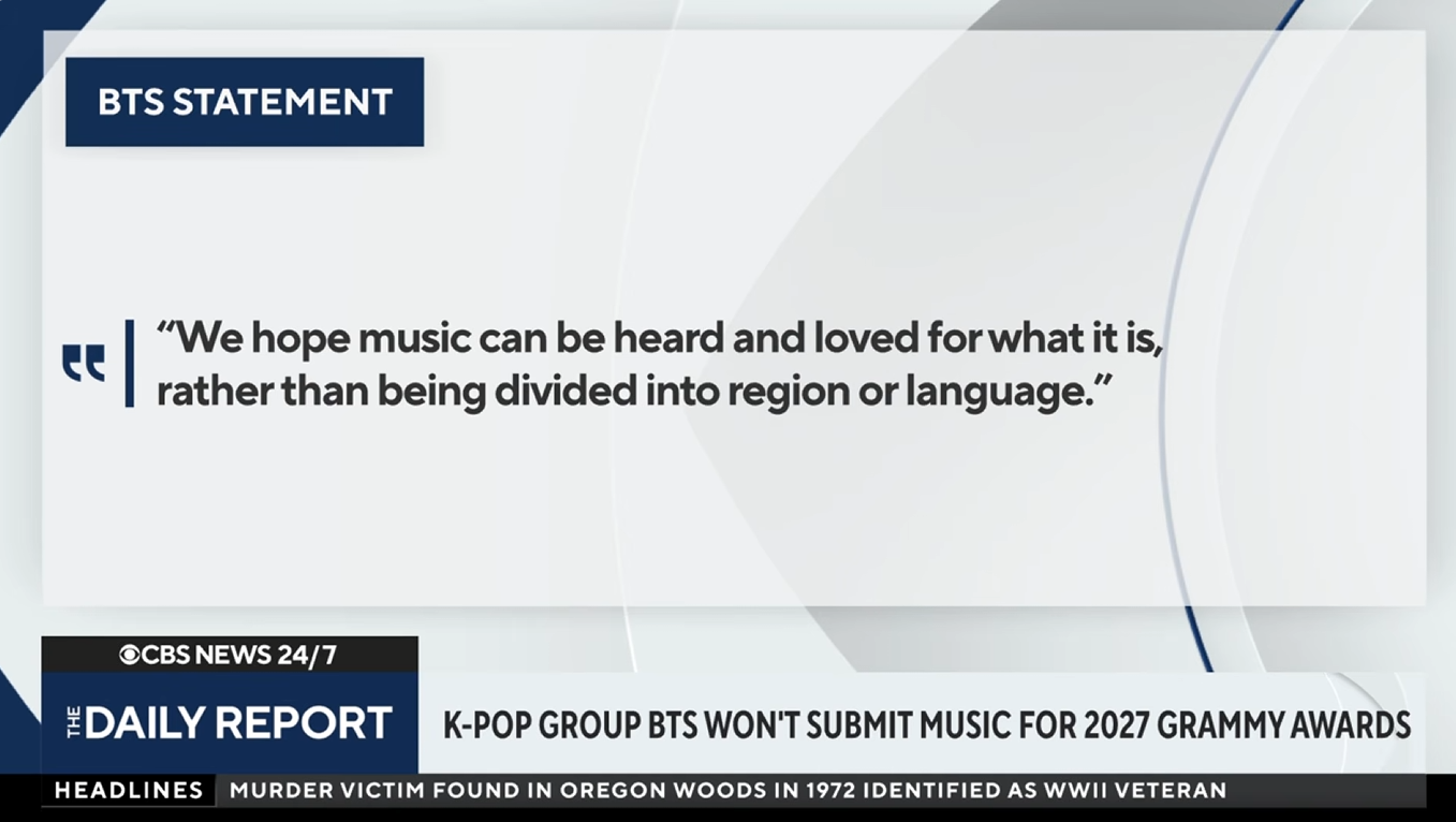 BTS statement saying music should be heard and loved without being divided by region or language