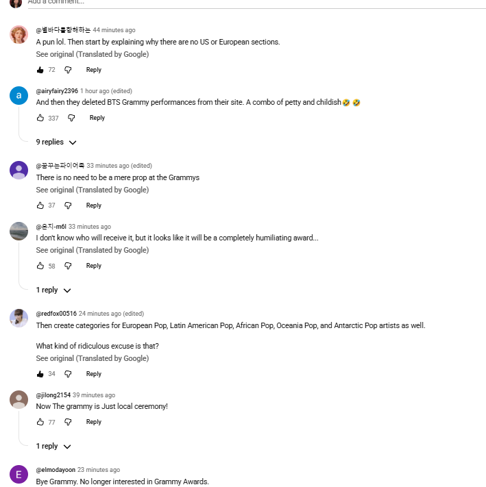 Fan comments reacting to BTS declining to submit music to the Grammys
