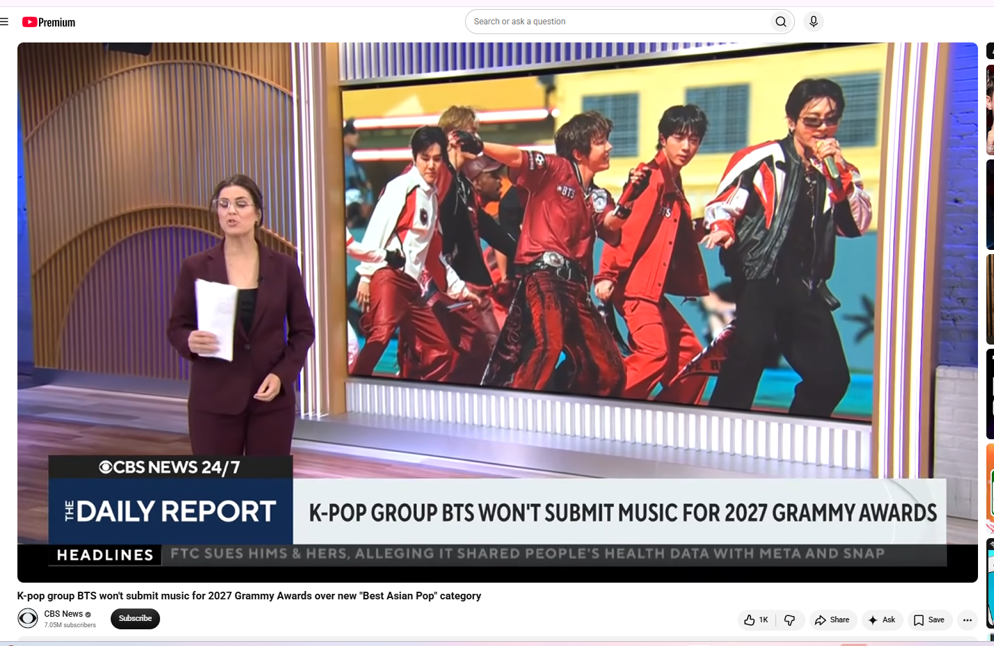 CBS News report showing BTS and the headline that the group will not submit music for the 2027 Grammy Awards