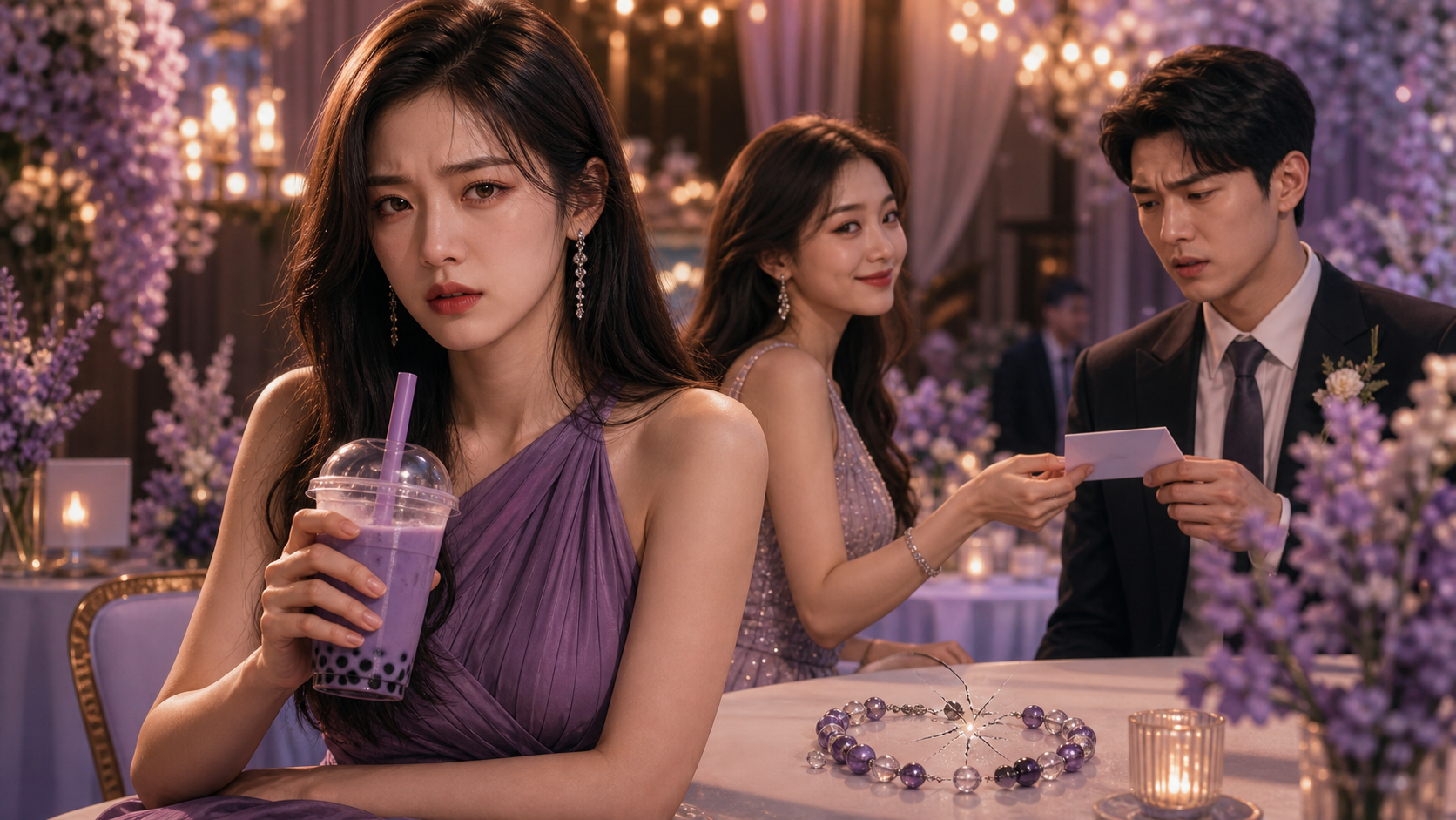 A woman with purple boba watches her smiling friend secretly pass a note to her confused fiancé at an engagement party.