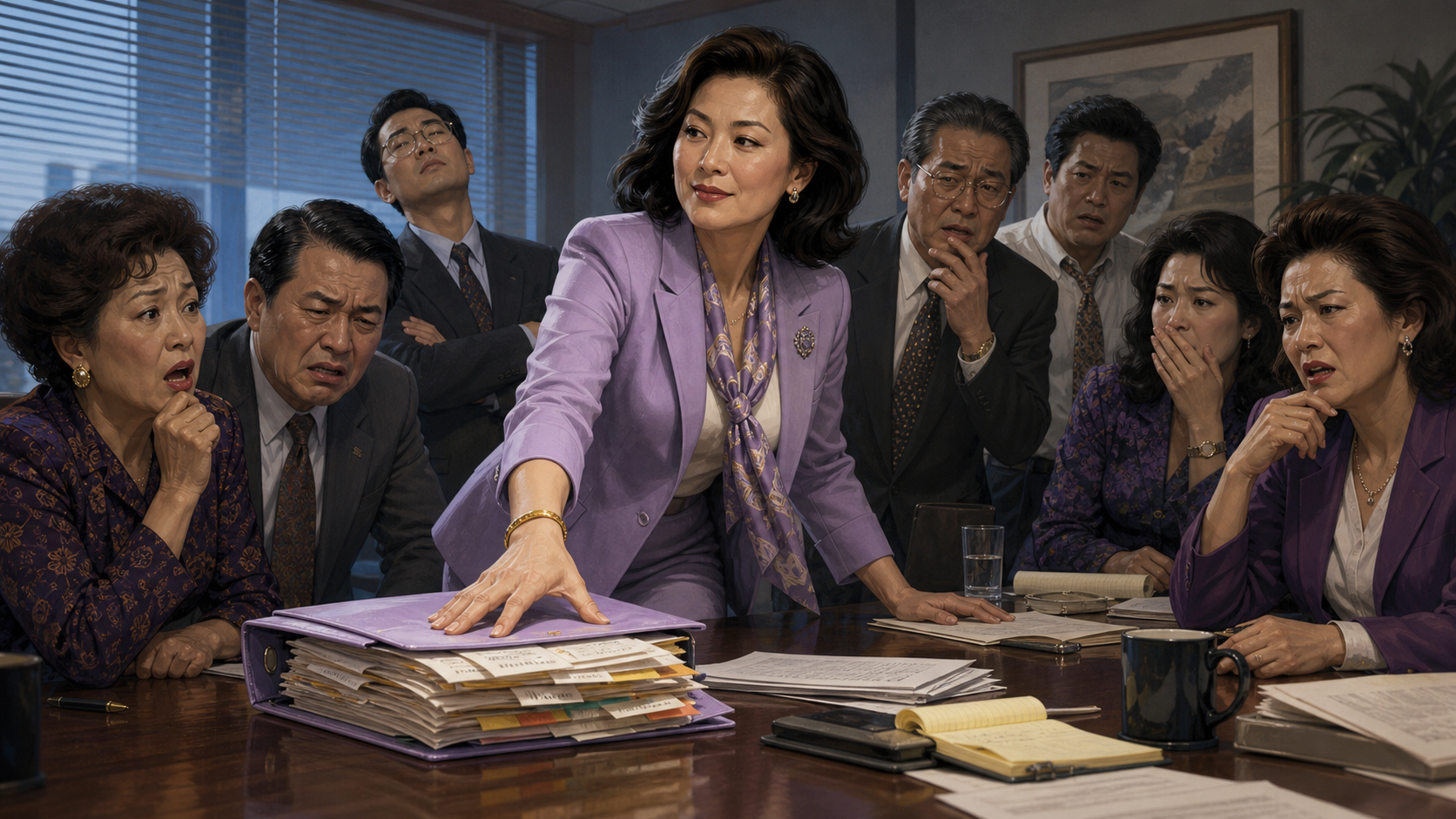 A woman calmly presenting a folder of evidence to people who publicly underestimated her