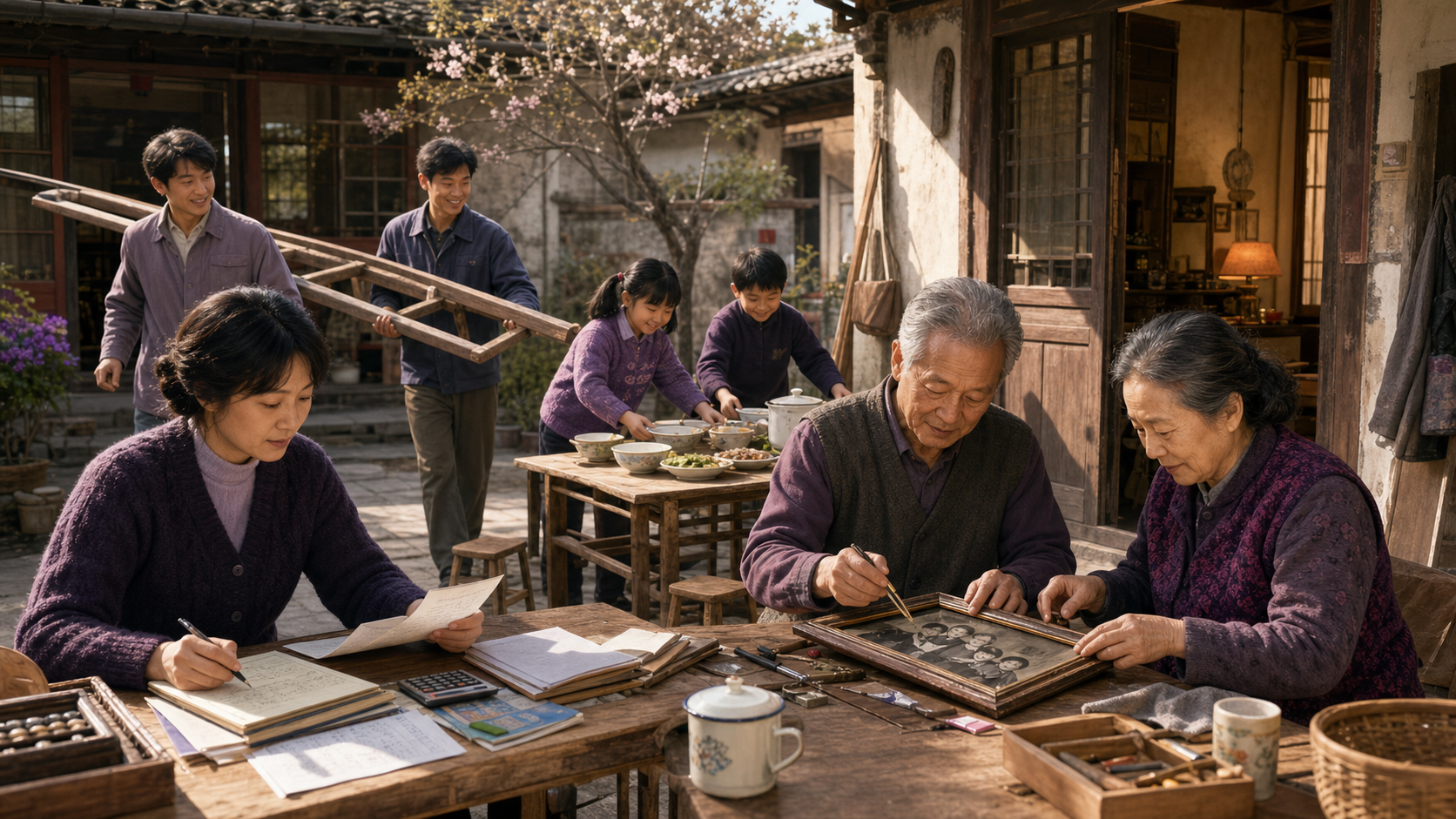 A multigenerational family repairing a courtyard home and rebuilding trust through practical work