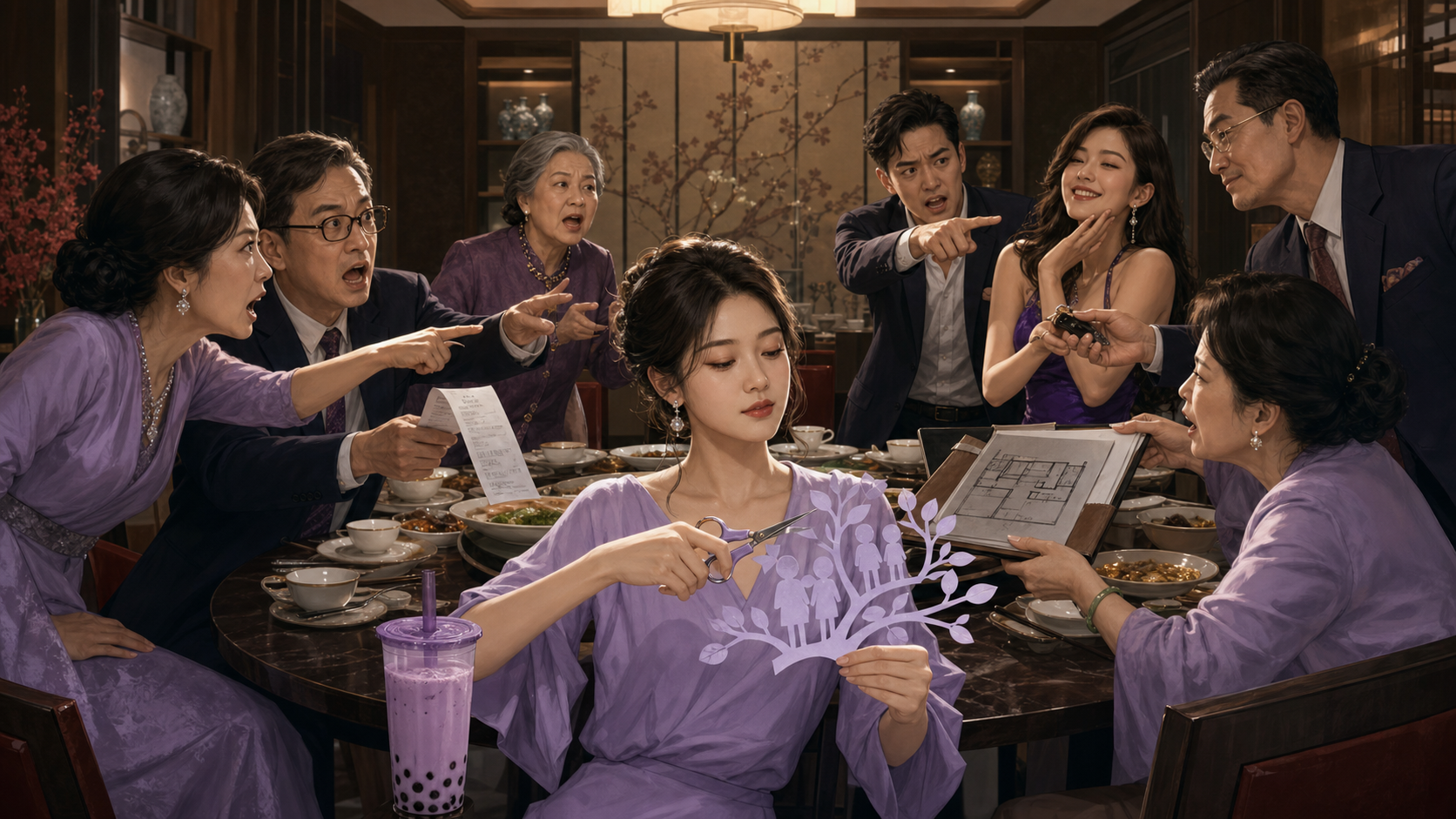 Illustrated East Asian heroine with purple boba cutting a paper family tree while chaotic relatives argue