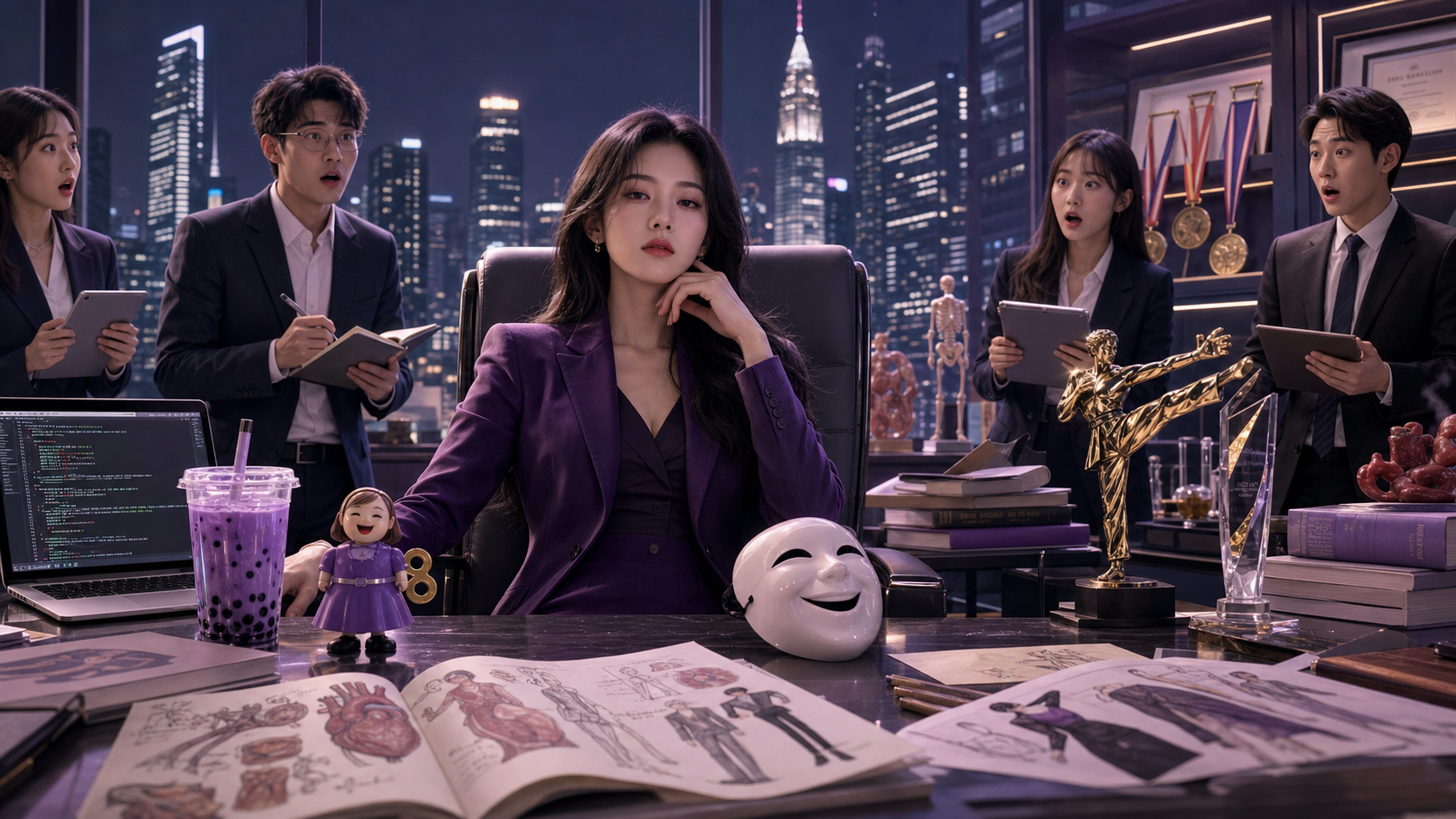 An impossibly accomplished woman in a purple suit sits bored among trophies, medical books, code, fashion sketches, and stunned assistants.