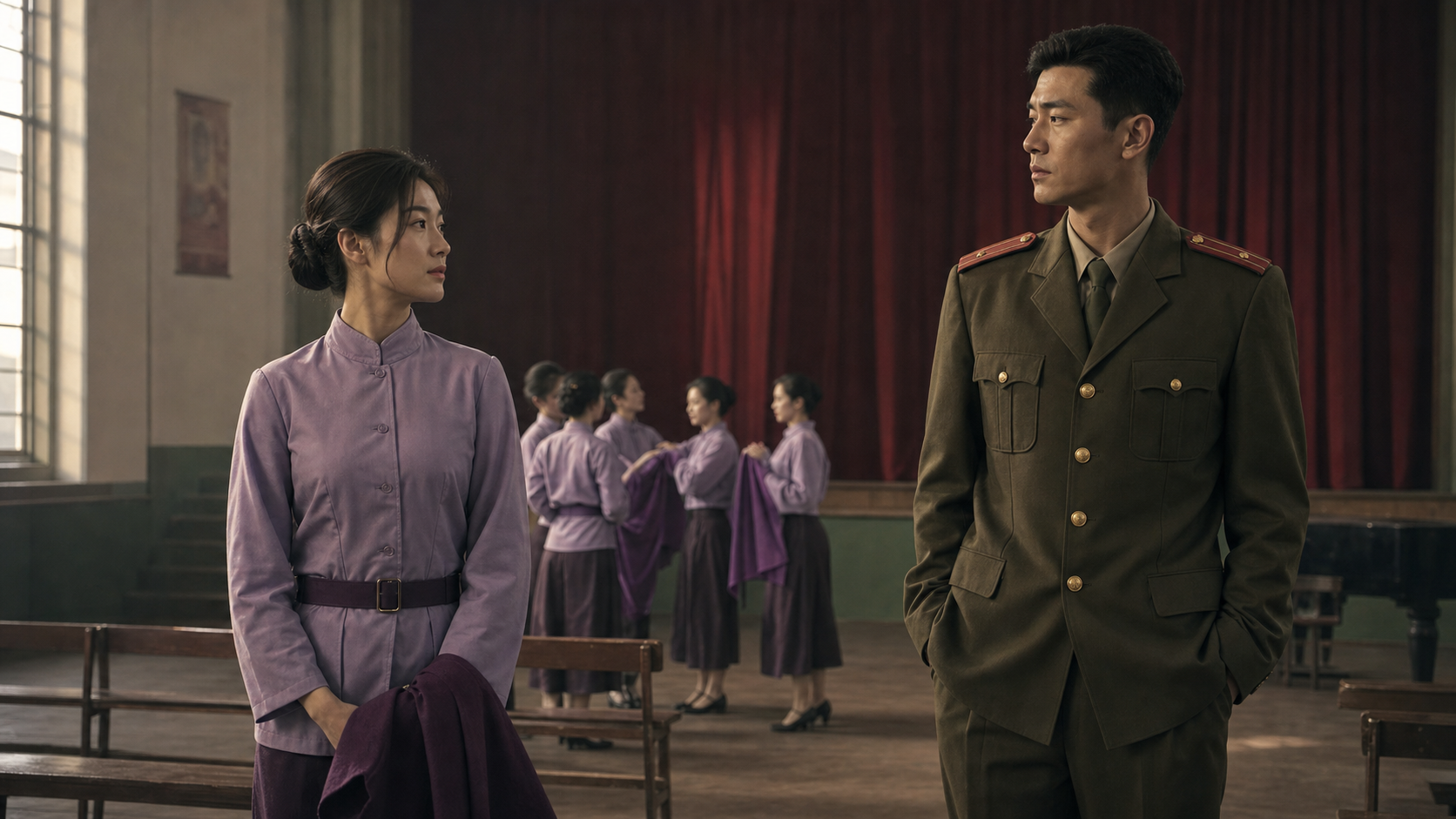 A woman in a cultural troupe rehearsal hall and a military officer regarding each other with restrained affection
