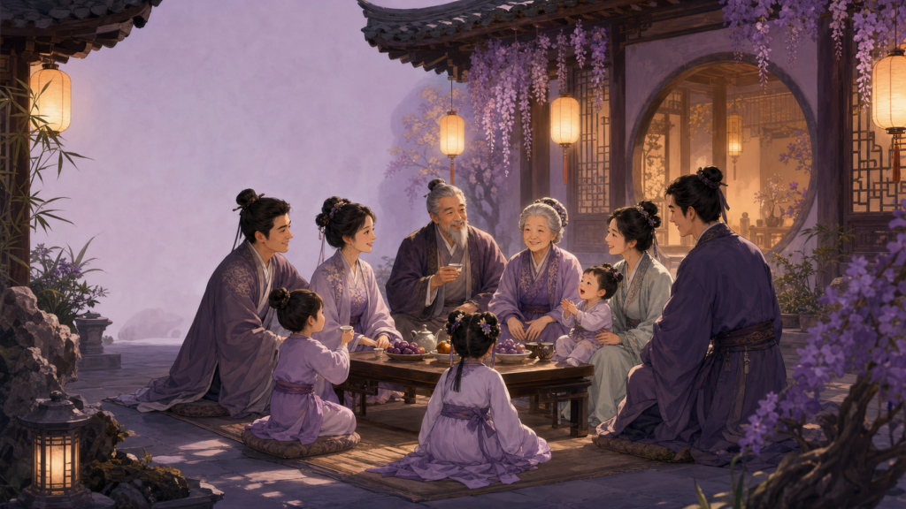 Illustrated Chinese family gathering showing generations and kinship hierarchy