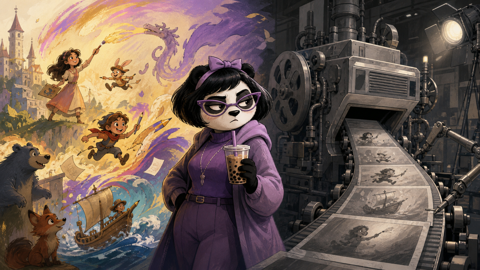 Girl Panda protects a vivid animated world while a sterile remake machine drains its color and life.