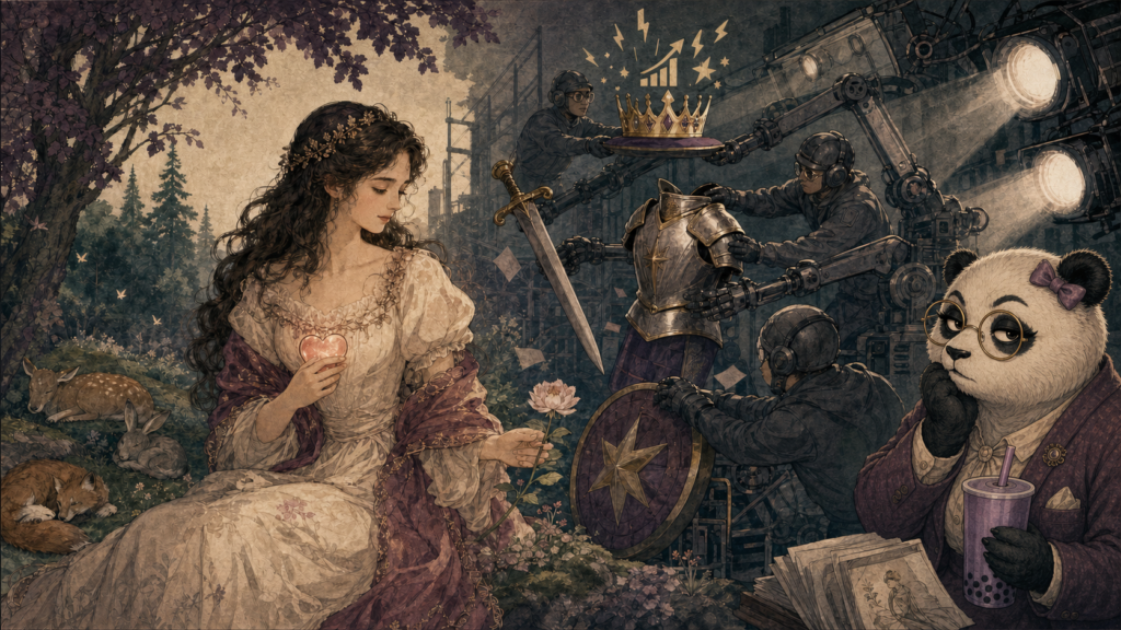 Girl Panda protects a gentle fairy-tale heroine while questioning why modern remakes treat romance and softness as weakness.