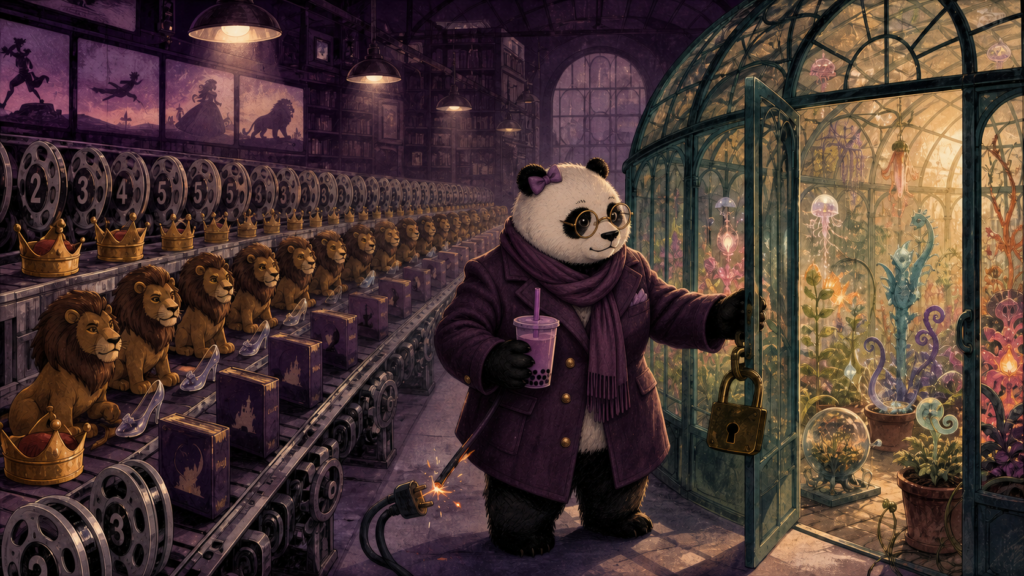 Girl Panda begs an animation studio for a new original story while numbered sequels pile up around her.