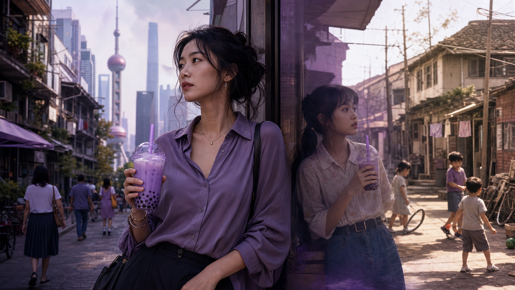 An adult woman facing the younger life she remembers in a late twentieth-century Chinese neighborhood