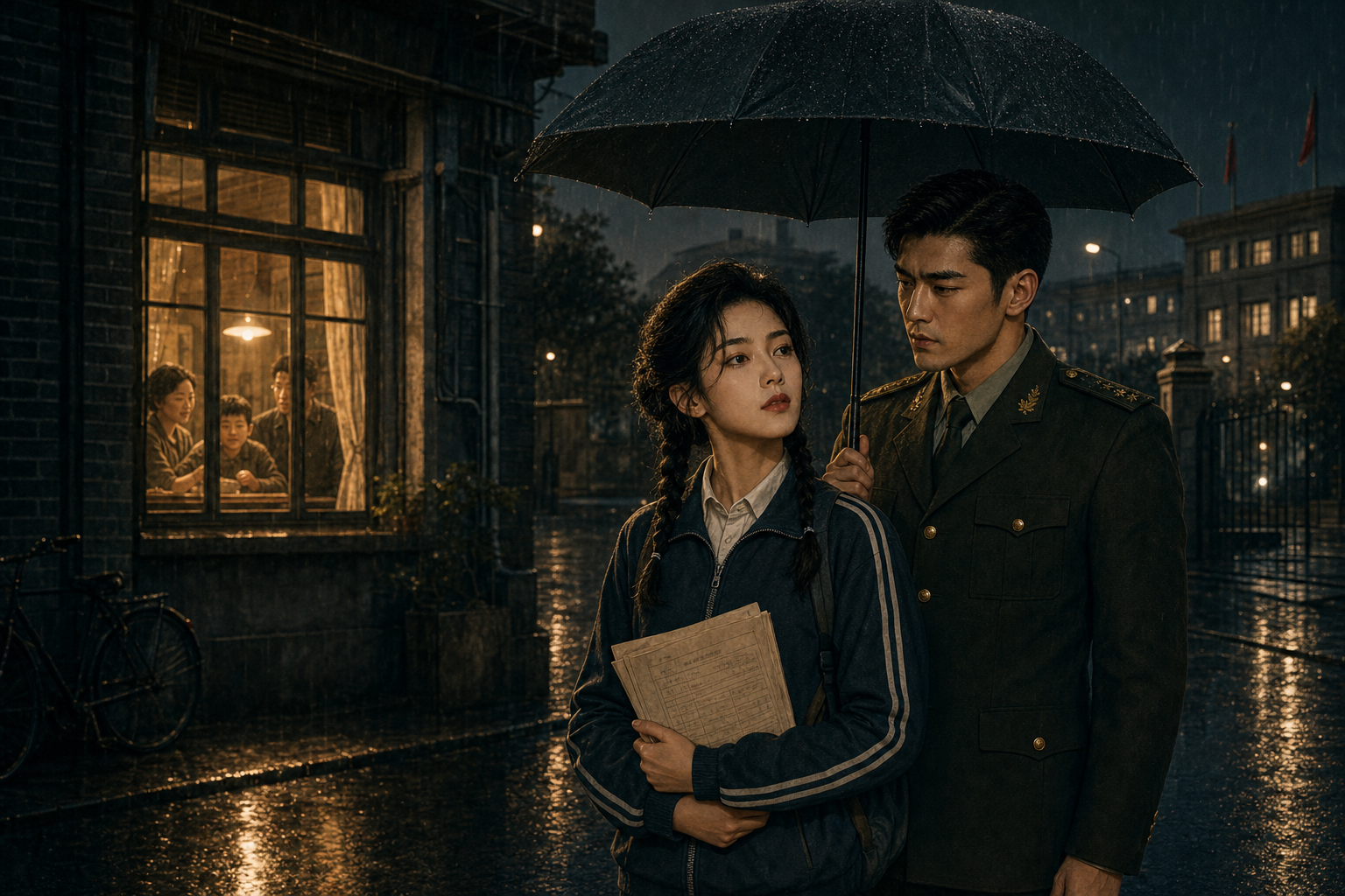 Luo Ye stands in the rain with Ye Xuan while her family waits safely inside their home