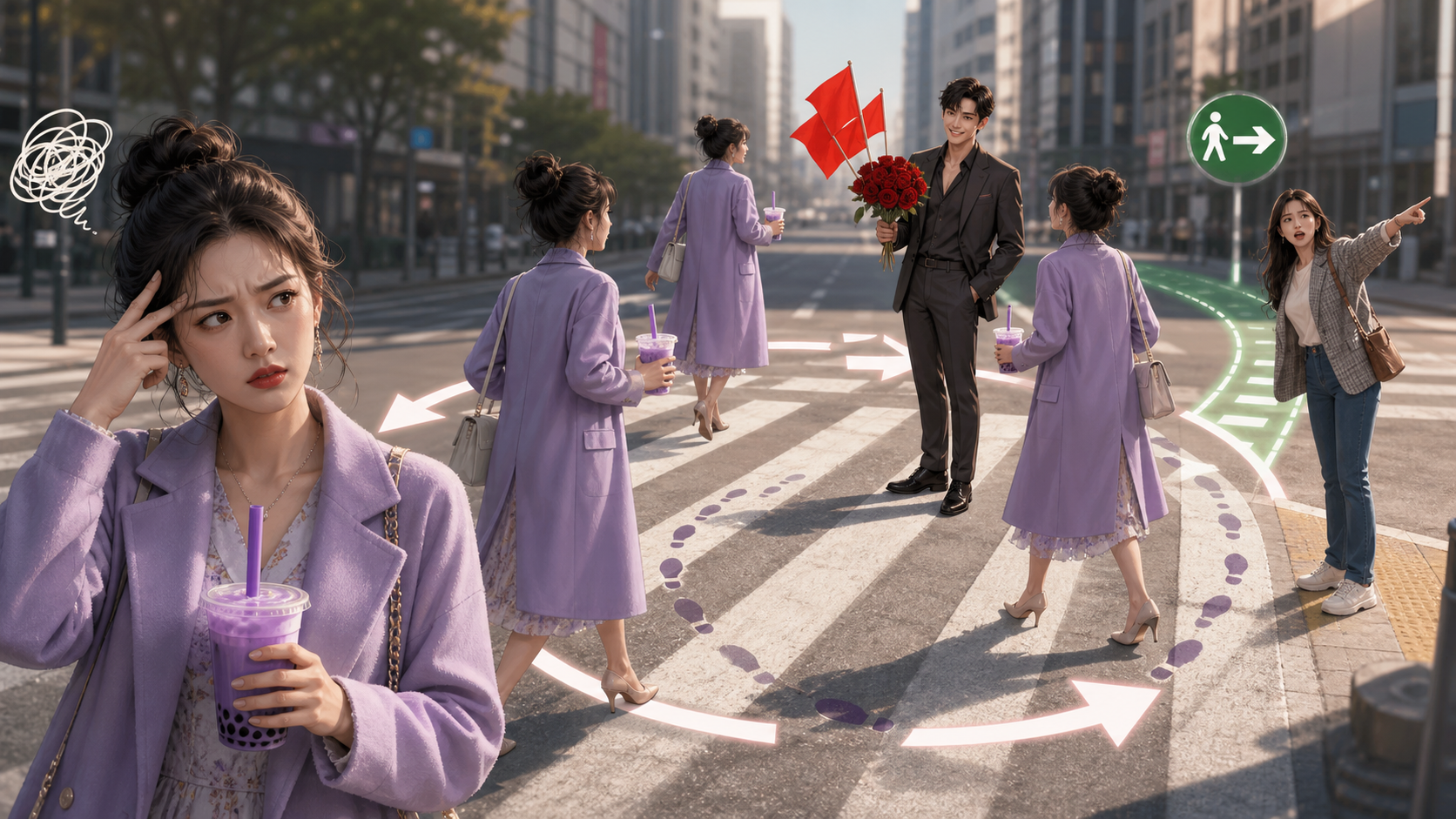 A reborn woman with purple boba notices that she has repeatedly walked toward the same suspicious man while her friend points to a safer exit.