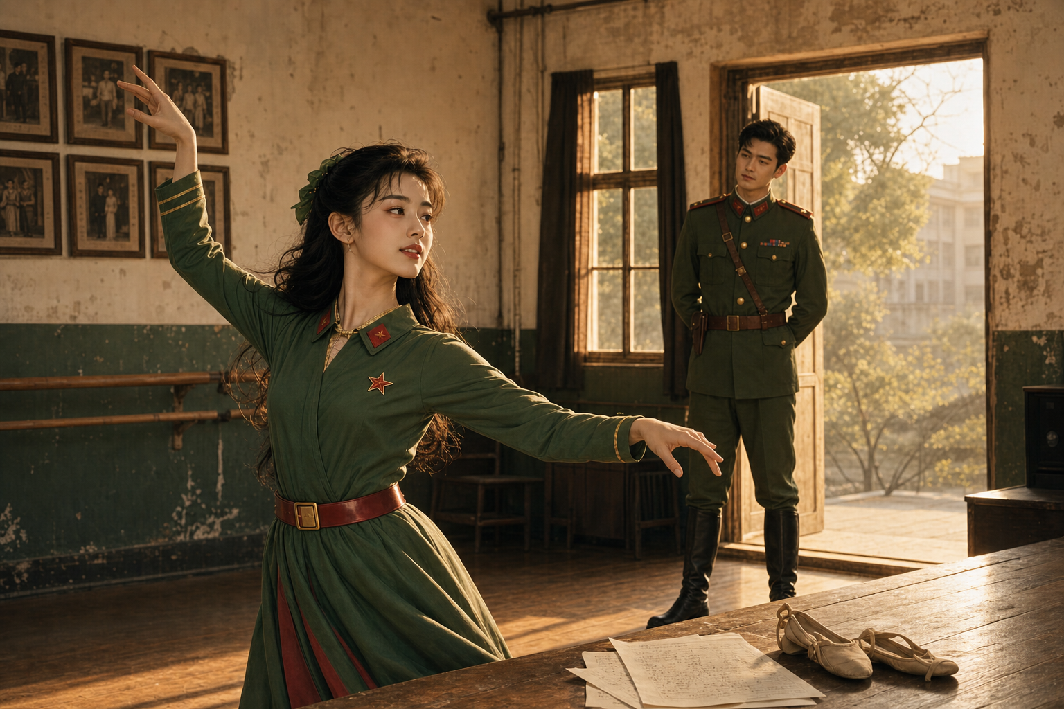 Sheng Ning rehearses in a 1983 military cultural troupe while Xu Qigang watches from the doorway