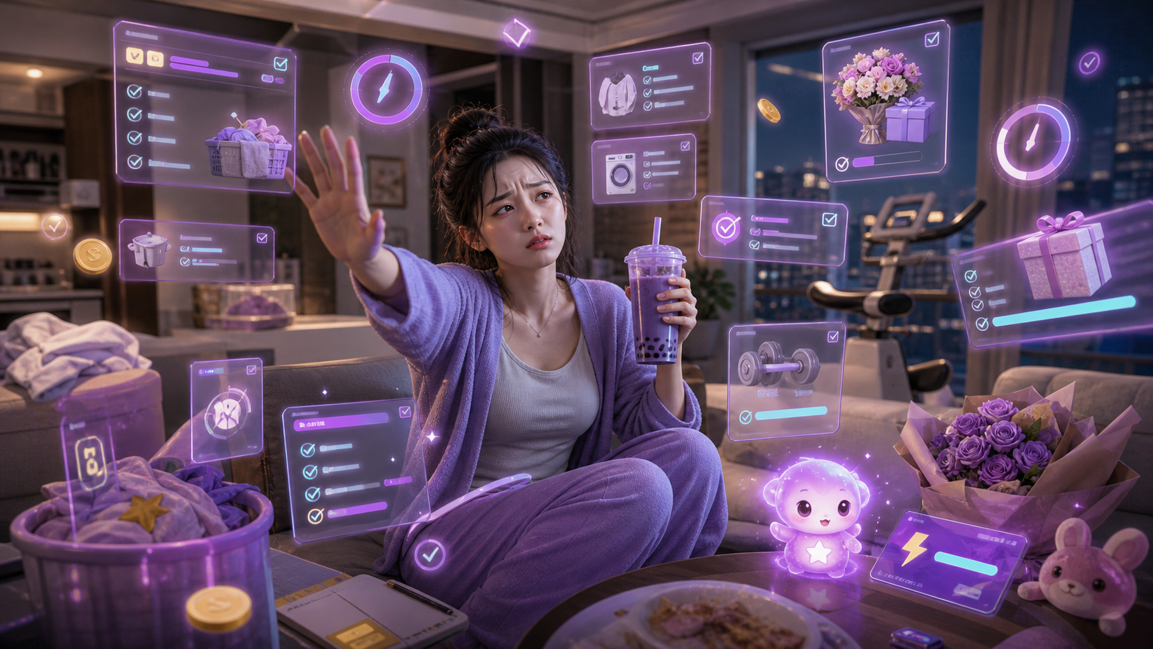 Illustrated East Asian heroine in lavender pajamas holding purple boba and swatting away floating system task windows