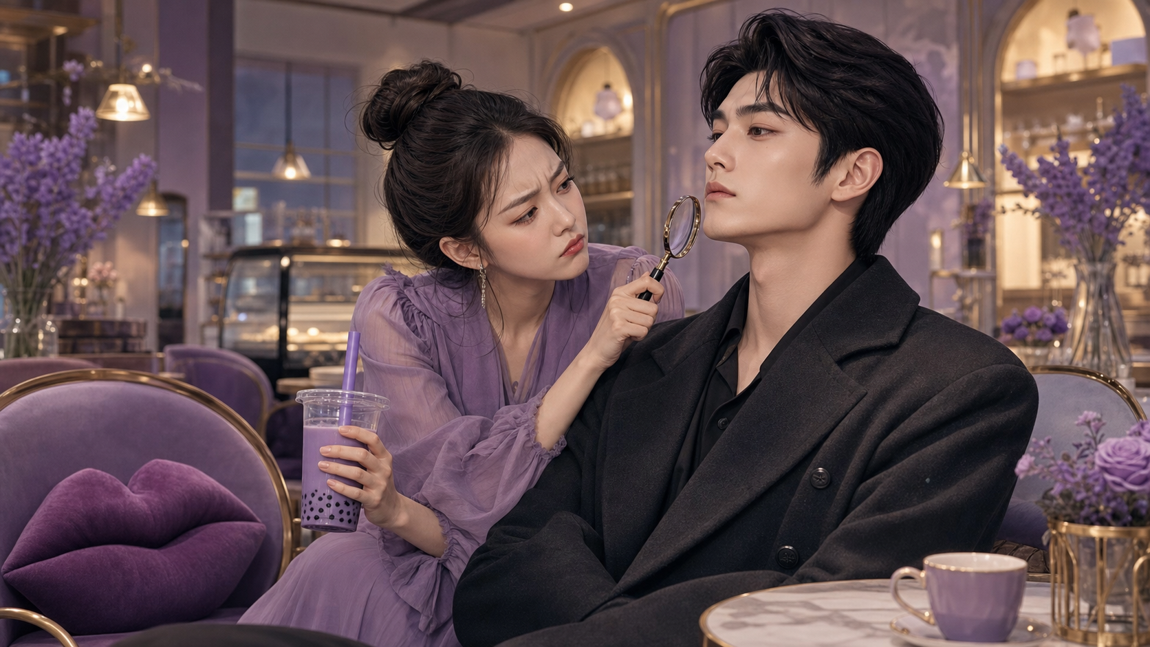 Illustrated woman with purple boba inspecting a handsome male lead's very thin lips with a magnifying glass