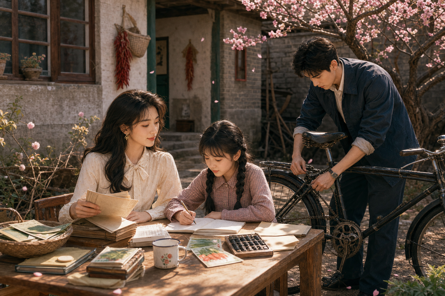 Qin Jiao helps Qin Shi study while Shen Yi repairs a bicycle in their 1980s courtyard