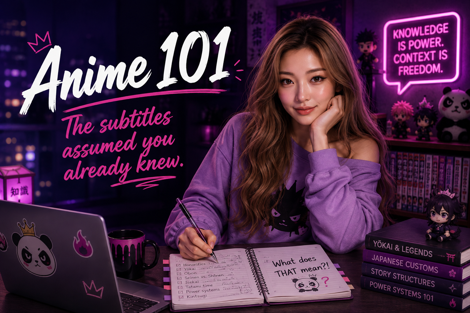 RaeRae researching anime terms, Japanese culture, mythology, and storytelling concepts for Anime 101