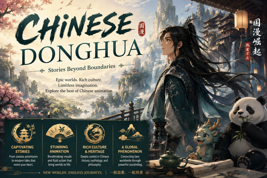 Chinese Donghua featured artwork with a fantasy landscape, traditional architecture, a cultivator, panda, and mythical creature