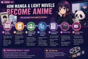 Anime 101 infographic showing how manga and light novels become anime, from source material and adaptation proposals through production committees, studios, planning, production, and release