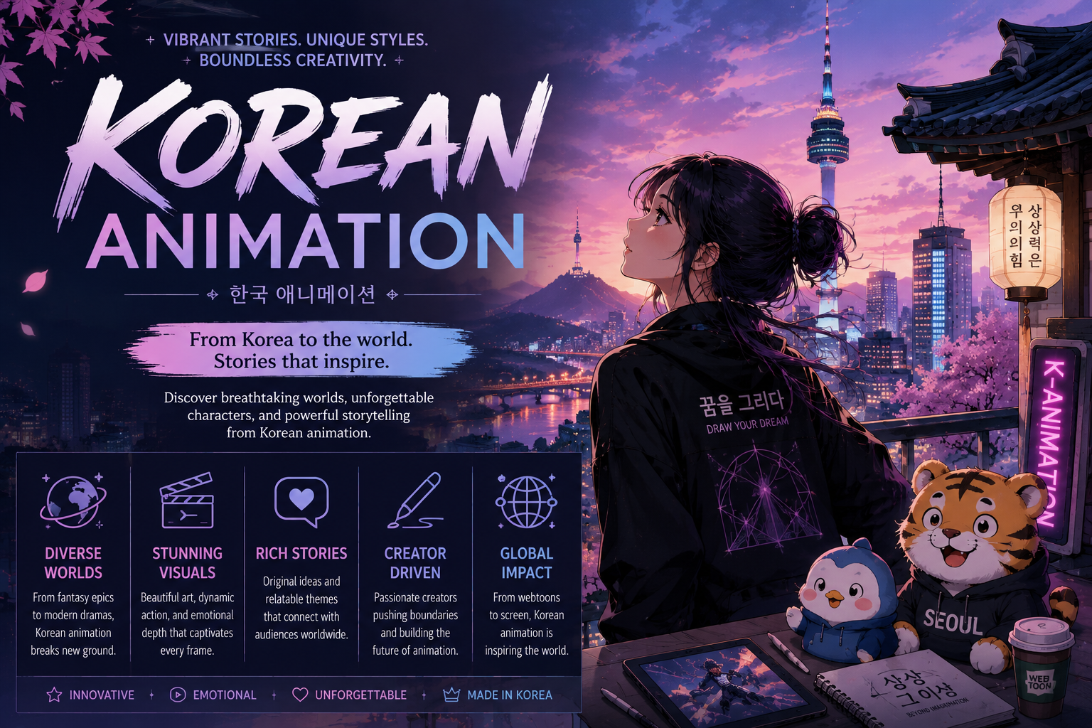 Korean Animation featured artwork with a Seoul skyline, traditional Korean architecture, an original animated character, and mascot figures