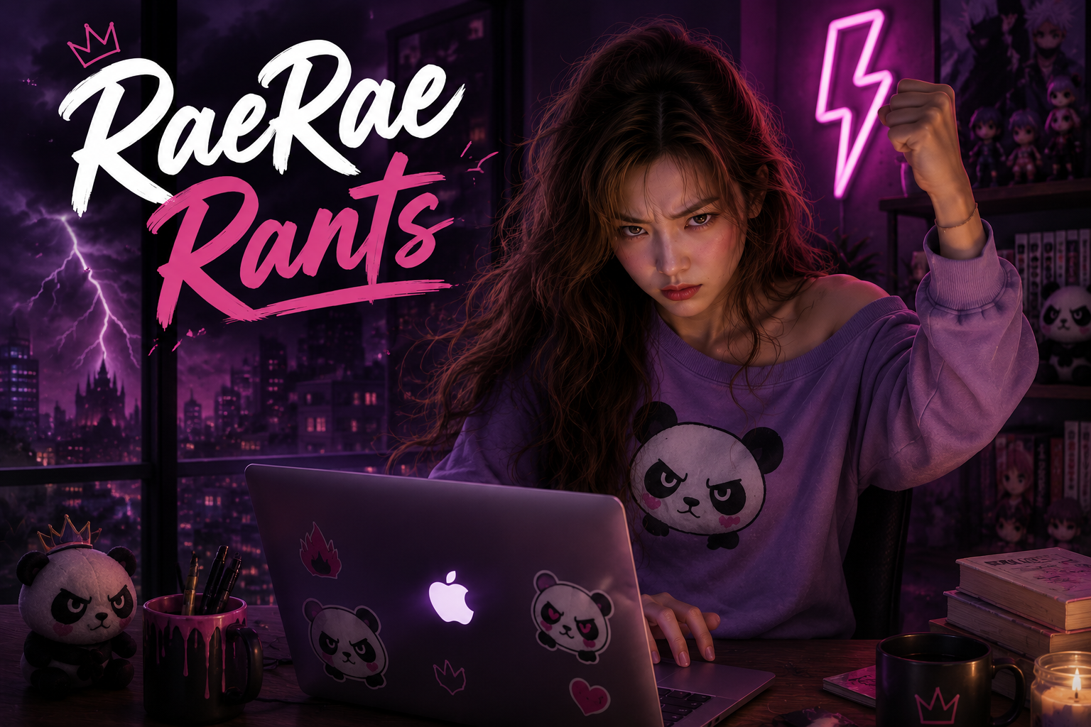 RaeRae looking ready to take on the world during an anime rant in her purple fandom room