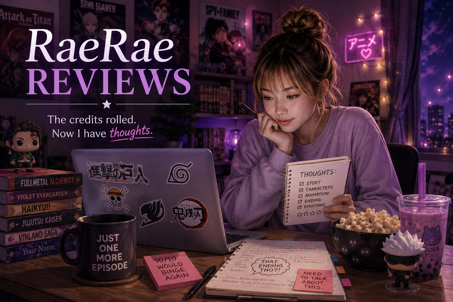RaeRae writing an anime review after finishing a series, surrounded by notes, popcorn, boba, and anime collectibles