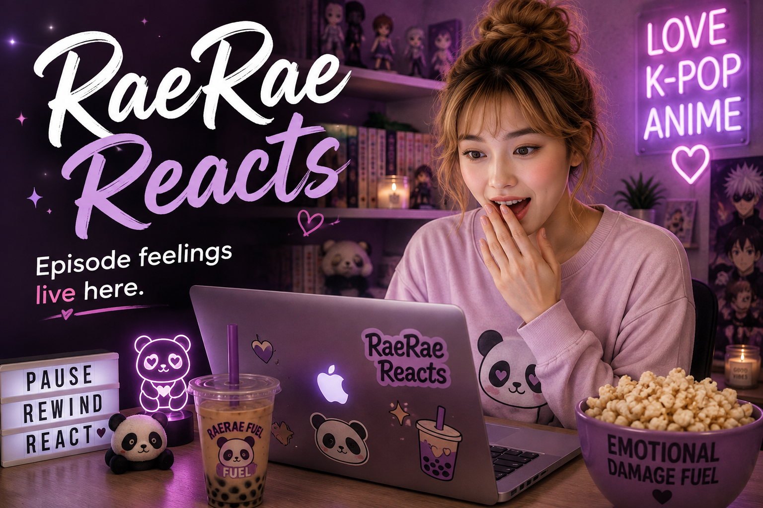 RaeRae reacting to an anime episode on her laptop with boba, popcorn, and panda decor