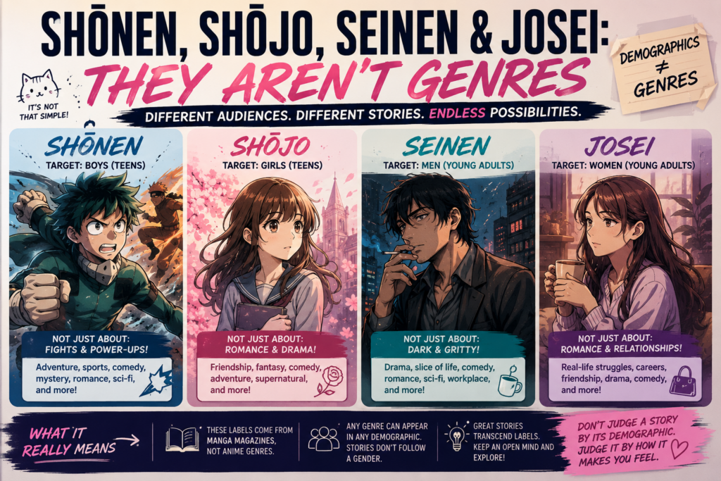Anime 101 infographic explaining that shōnen, shōjo, seinen, and josei are manga publishing demographics rather than genres, with examples of the different kinds of stories each demographic can include
