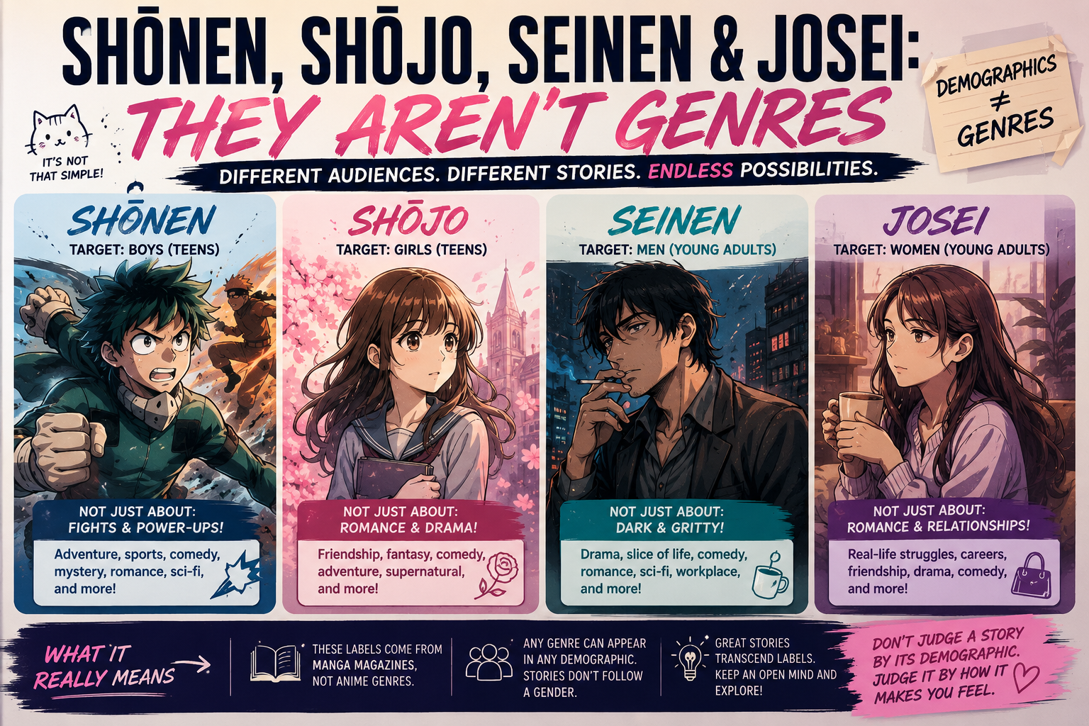 Anime 101 infographic explaining that shonen, shojo, seinen and josei are manga readership demographics rather than genres