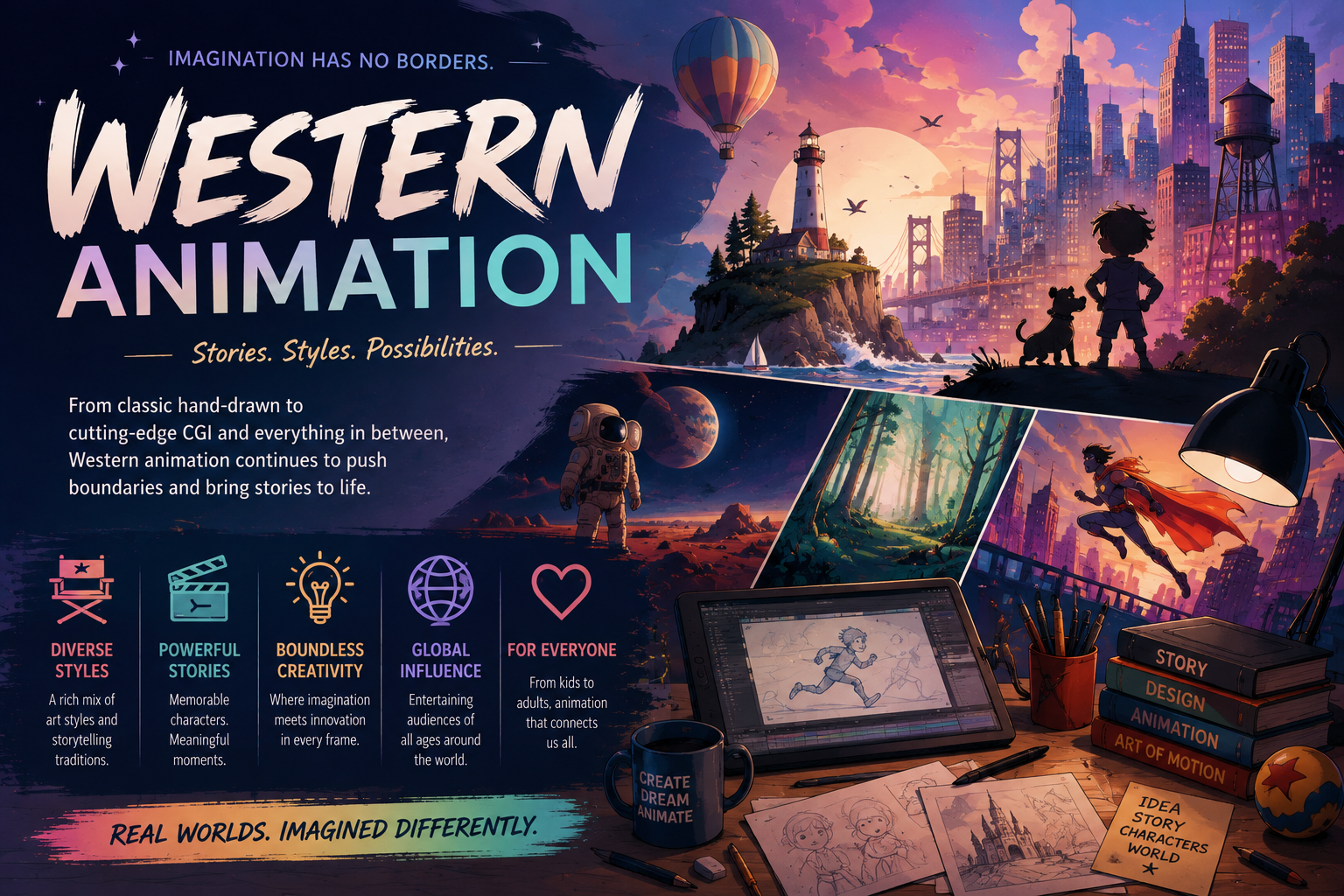 Western Animation featured artwork showing hand-drawn, CGI, fantasy, science fiction, superhero, and city animation styles