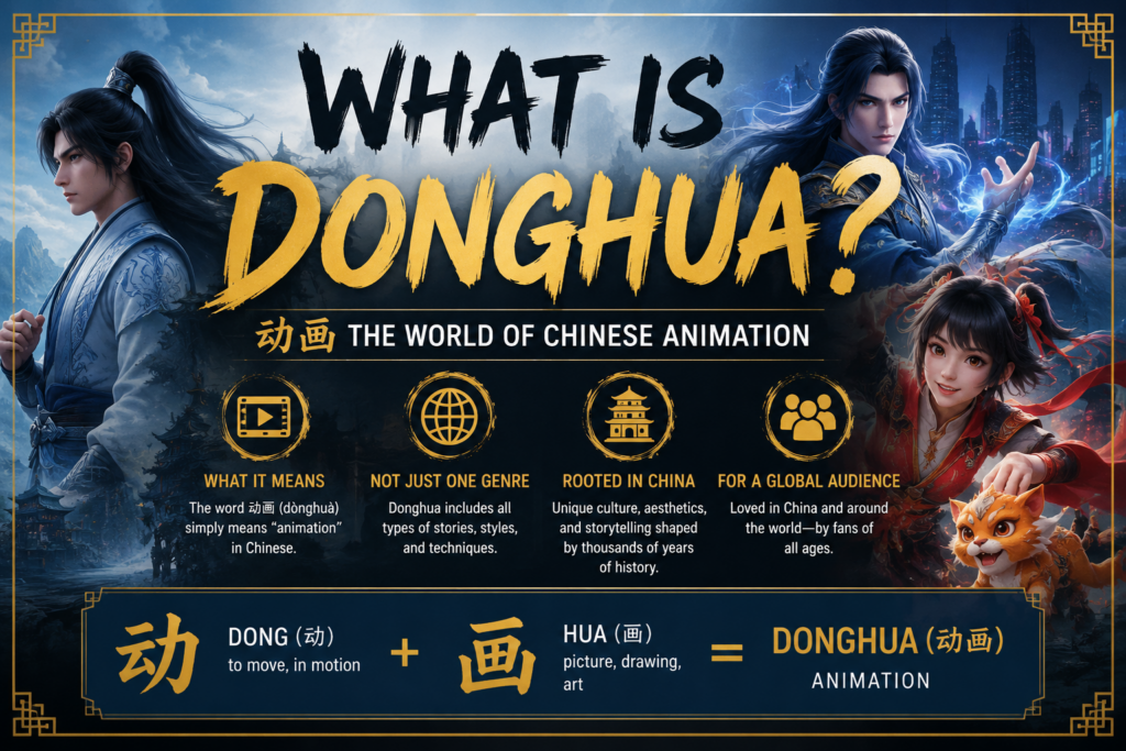 Chinese Donghua 101 infographic explaining that donghua (动画) means animation in Chinese and covers Chinese animated stories across genres, styles, and techniques