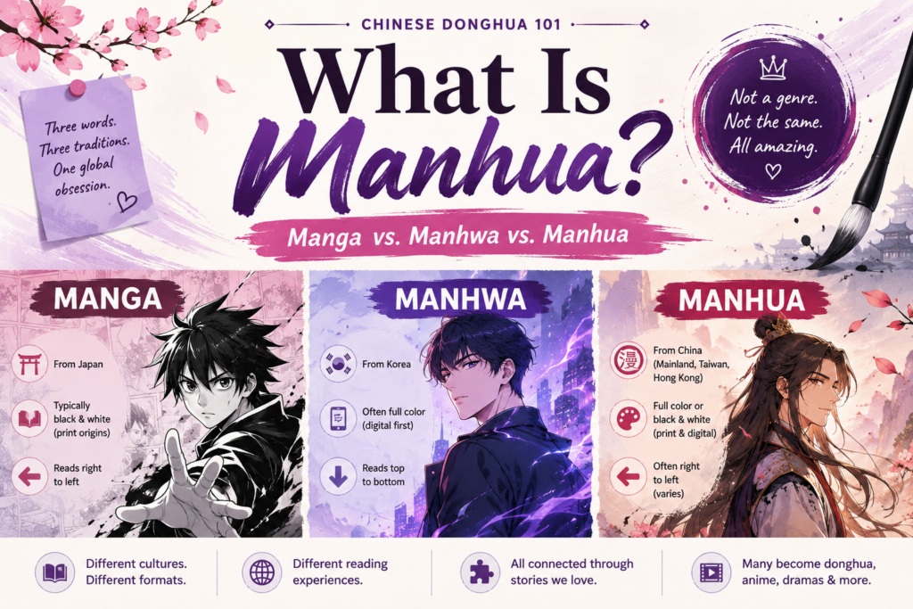 Chinese Donghua 101 featured image comparing manga from Japan, manhwa from Korea, and manhua from China