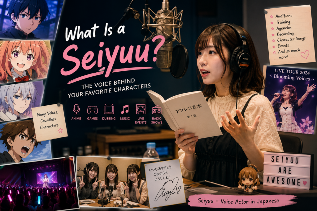 Anime 101 infographic explaining what a seiyuu is, showing a fictional Japanese voice actor recording anime dialogue and the wider world of voice acting, games, music, radio, and live events