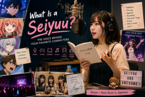 Anime 101 infographic explaining what a seiyuu is, showing a fictional Japanese voice actor recording anime dialogue and the wider world of voice acting, games, music, radio, and live events