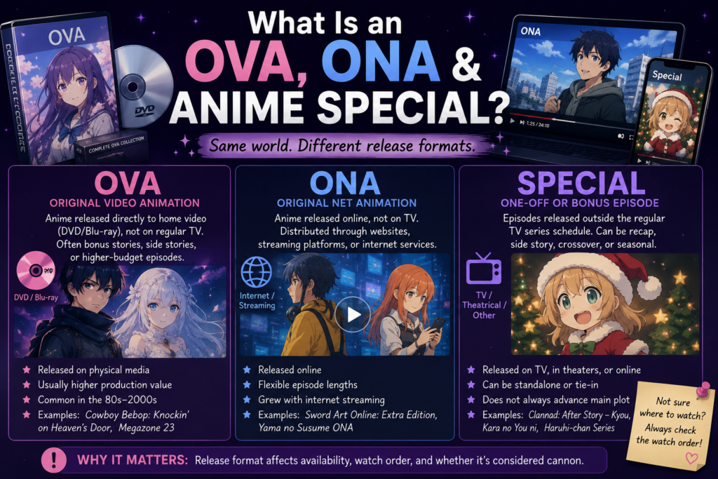Anime 101 infographic explaining the differences between OVA, ONA, and anime specials, including how each format is released and where fans may encounter them